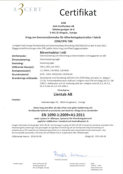 Сертифікат управління виробництвом заводу CE 1090-1 (English) – Швеція
